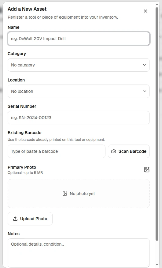 OrbitEquip Add a New Asset form with name, category, location, serial number, Existing Barcode, primary photo, and notes fields