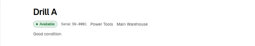 OrbitEquip asset detail header with an example tool name, status, serial number, category, location, and notes