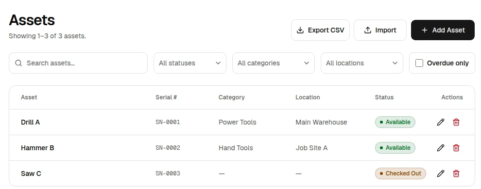 OrbitEquip Assets list with search, status, category, location, and overdue filters