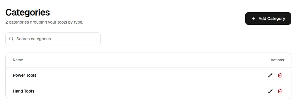 OrbitEquip Categories page with example groups and an Add Category control