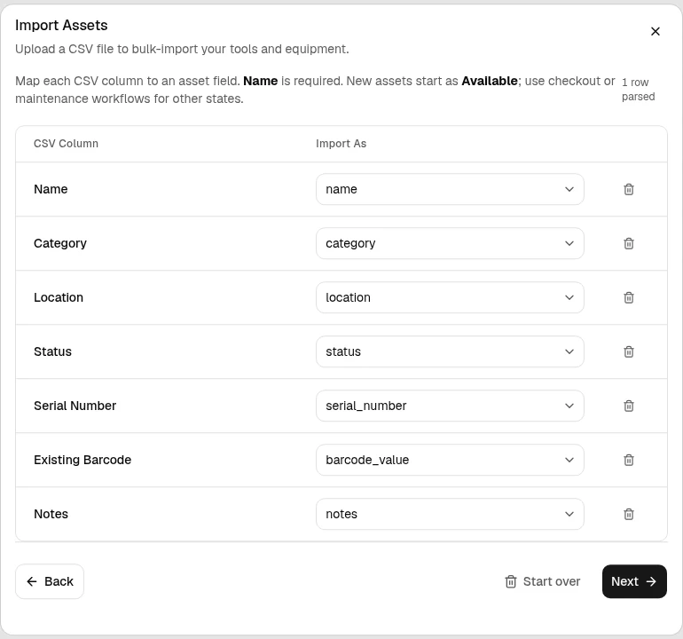 OrbitEquip Import Assets column-mapping screen showing example CSV headers and destination fields