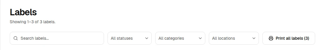 OrbitEquip Labels page with search, status, category, location, and Print all labels controls; QR labels are cropped out