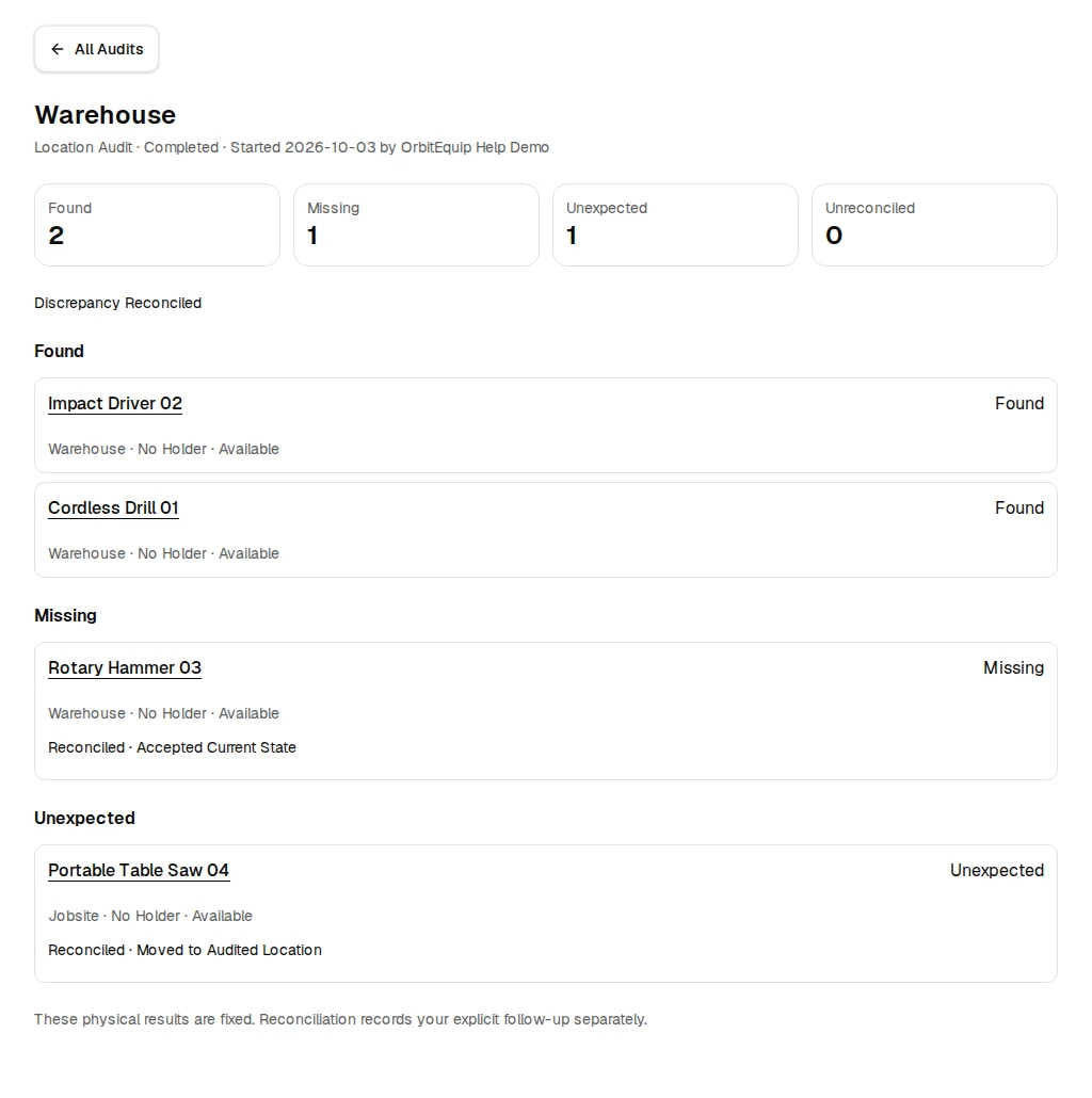 Completed audit showing fixed results and separate Accepted Current State and Moved to Audited Location reconciliation records