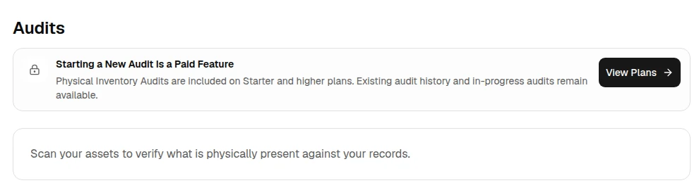 OrbitEquip Audits page showing that starting a new Physical Inventory Audit requires Starter or higher