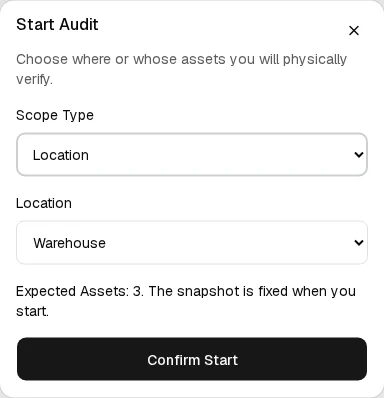 Start Audit dialog with Location selected, Warehouse chosen, and three expected assets in the fixed snapshot