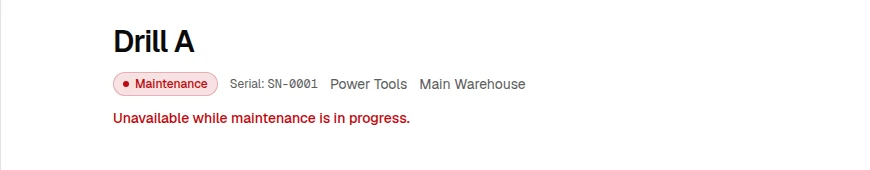 OrbitEquip asset detail showing a Maintenance status and a message that checkout is unavailable during maintenance