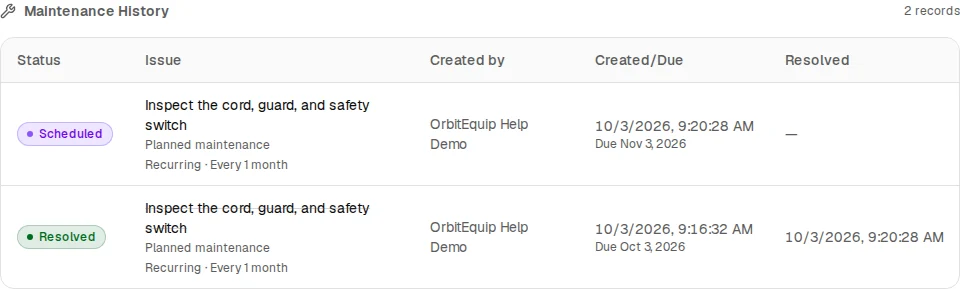 Maintenance History showing a resolved recurring occurrence and the next scheduled monthly occurrence