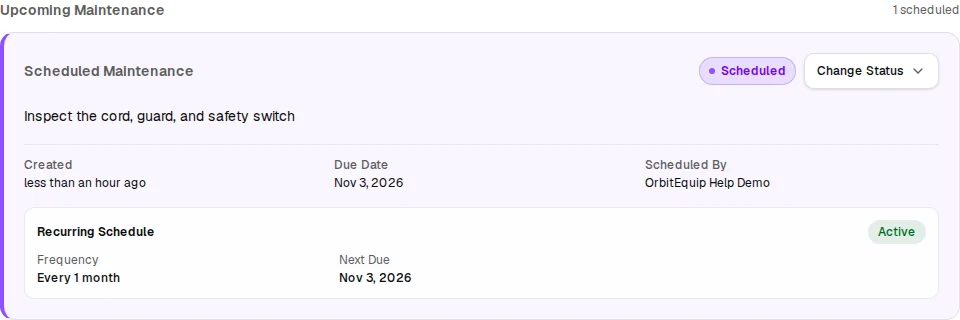 New Scheduled Maintenance occurrence due November 3, 2026 with an active monthly schedule and matching next due date