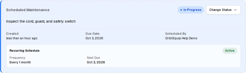 Recurring scheduled maintenance occurrence in progress with due date and active monthly recurrence details