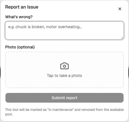 OrbitEquip Report an Issue form with a description field, optional photo capture, and Submit report button