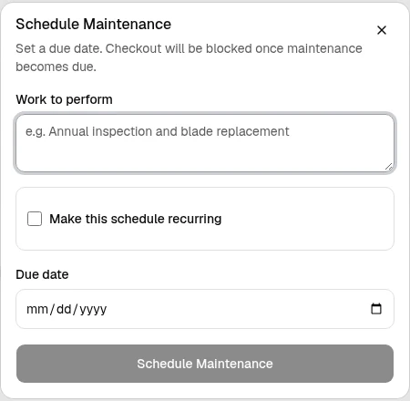 OrbitEquip Schedule Maintenance form with Work to perform, recurring option, due date, and Schedule Maintenance button