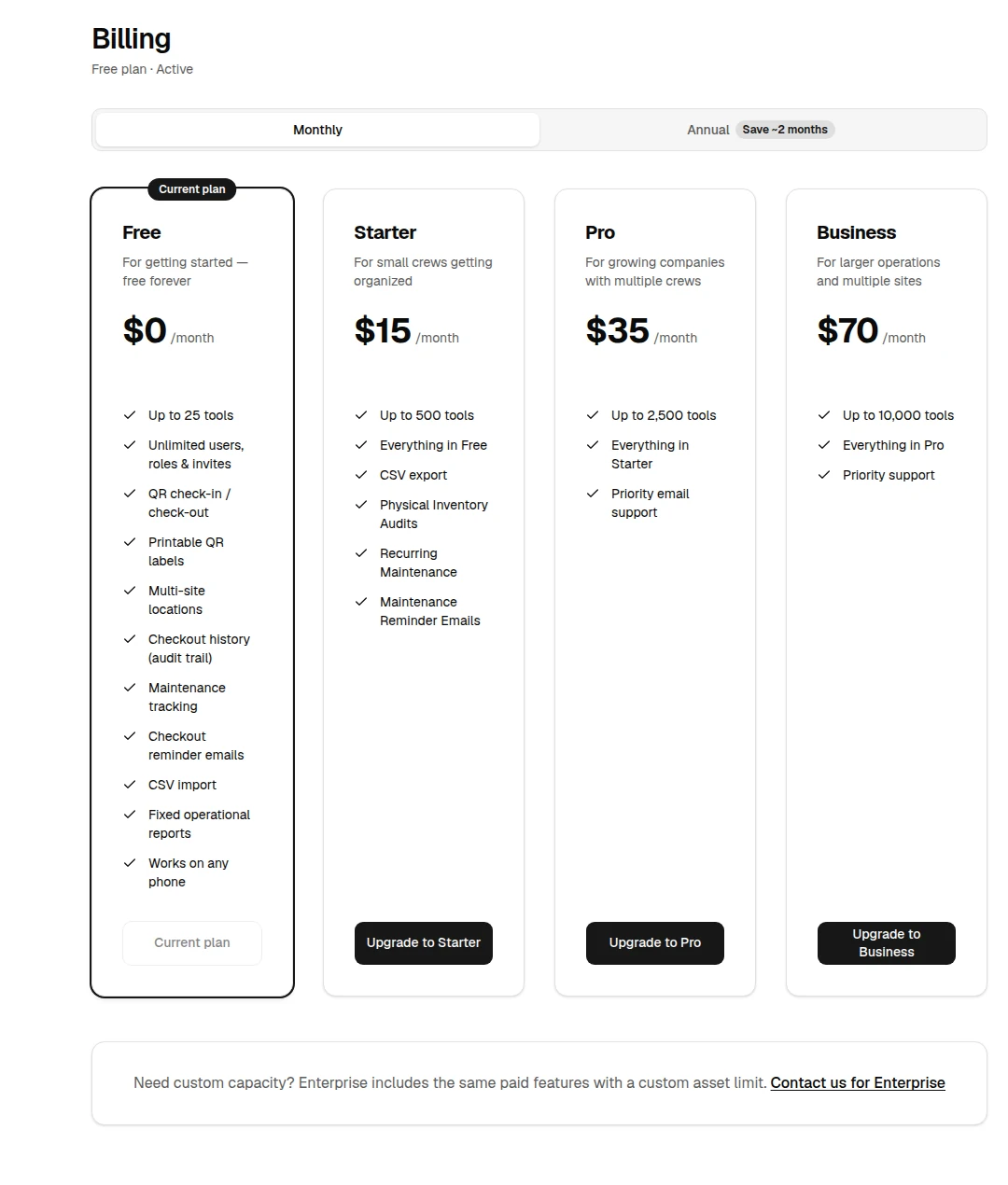 OrbitEquip Billing page with the current Free plan, plan capacities, and monthly pricing cards