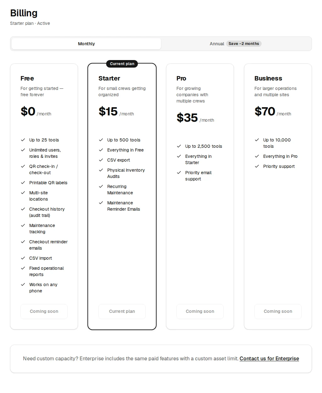 Billing page showing Starter plan active with Starter marked as the current plan and the plan capacity and monthly pricing cards