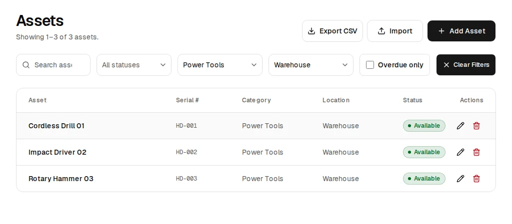 Starter Assets page filtered to Power Tools at Warehouse, showing three matching synthetic tools and an Export CSV control