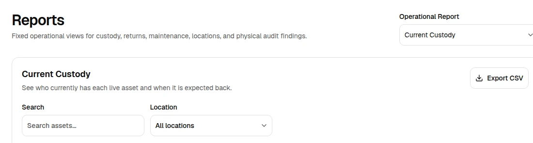 OrbitEquip Reports page with the Current Custody report selector, search, and location filter