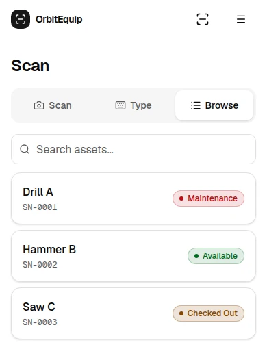 OrbitEquip Scan Browse tab with a search field and synthetic matching asset results