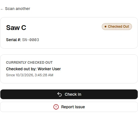 OrbitEquip scan result for a checked-out synthetic asset with the current holder and Check in action