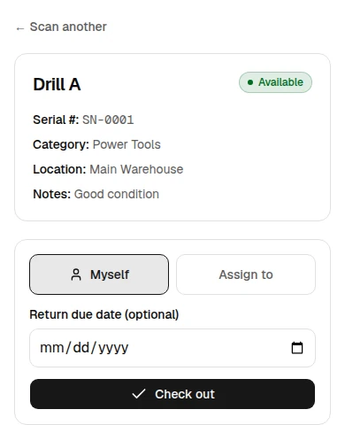 OrbitEquip scan result with a synthetic asset, available status, assignee choices, optional return due date, and Check out button