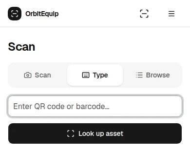 OrbitEquip Scan Type tab with a QR code or barcode input and Look up asset button