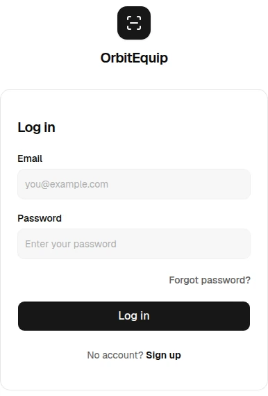 OrbitEquip Log in form with email and password fields and a Forgot password link