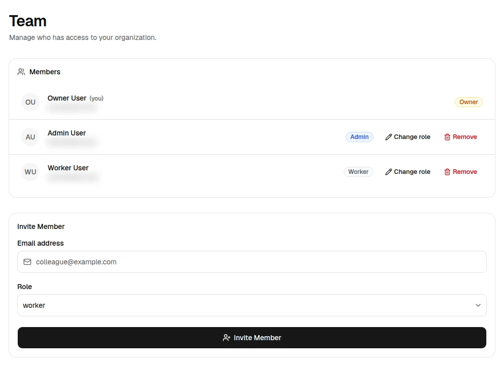 OrbitEquip Team page showing Owner, Admin, and Worker role labels and member-management controls
